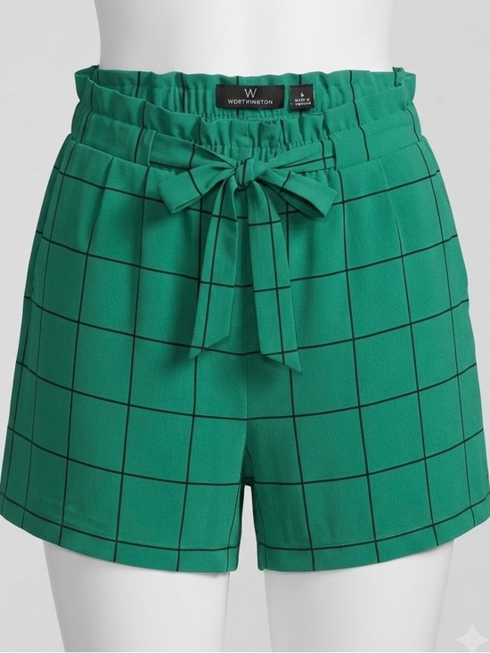 Worthington Pants - Worthington Paperbag Waist Shorts in high-rise green plaid/windowpane-size 6